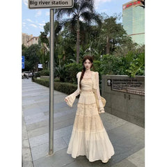 Bxoxo Sweet Style Lace Hollow out Women's Three-Piece Set Cardigan Tube Top Vest Spring Skirt Ensemble Adorable Fashion Ensemble