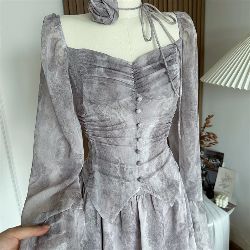 Bxoxo Women A-line Luxury Dress Elegant Long Sleeve Mini Evening Dress Harajuku Vintage 90s Y2k One Piece Frocks 2000s Clothes Autumn