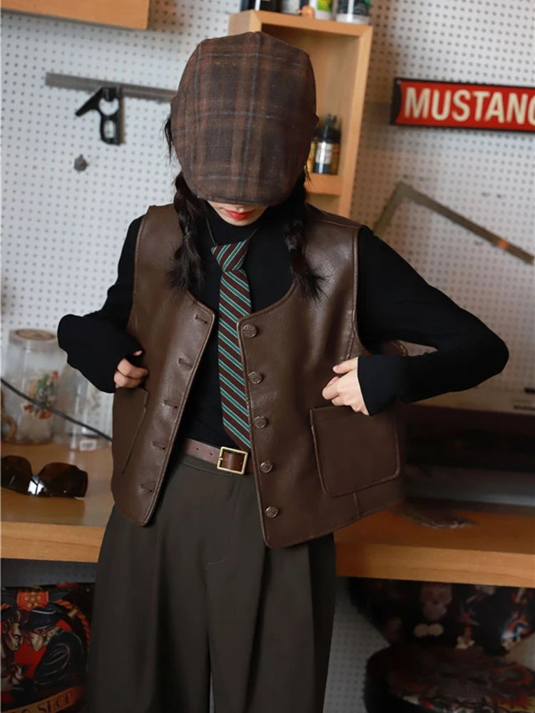 Bxoxo Black Pu Leather Vest for Women Autumn Casual Single Breasted O Neck Crop Jacket Y2K Vintage Loose Streetwear Sleeveless Outwear