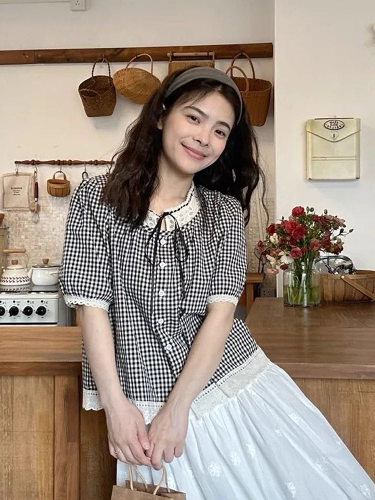 BXOXO Sweet Vintage Women Plaid Blouse Casual Preppy Style Lace Patchwork Loose Shirt Cute Retro Female Short Sleeve Lace Up Tops