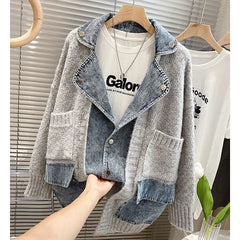 BXOXO New Autumn Winter Women Splicing Denim Jacket Women Long Sleeve Jean Jackets Female Loose Sweater Cardigan Jacket