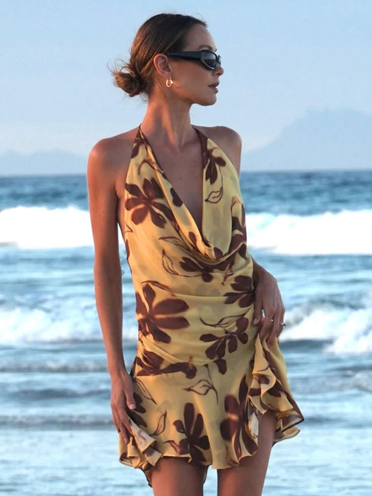 BXOXO  Halter Print Sexy Mini Dress For Women Robe Elegant Deep V Neck Sleeveless Backless Ruffled High Waist Beach Dress