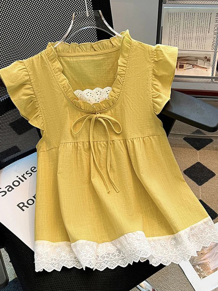 BXOXO Sweet Lace Patchwork Tanks Women Loose Flying Sleeve Elegant Tanks Tops Vintage Casual Female Korean Summer Retro Tops New