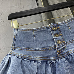 BXOXO Single-Breasted Harajuku Ruffles Cake Denim Skirt Girl High Waist Woman Summer Sexy Jeans Y2K Students Kawaii Pleated Skirt