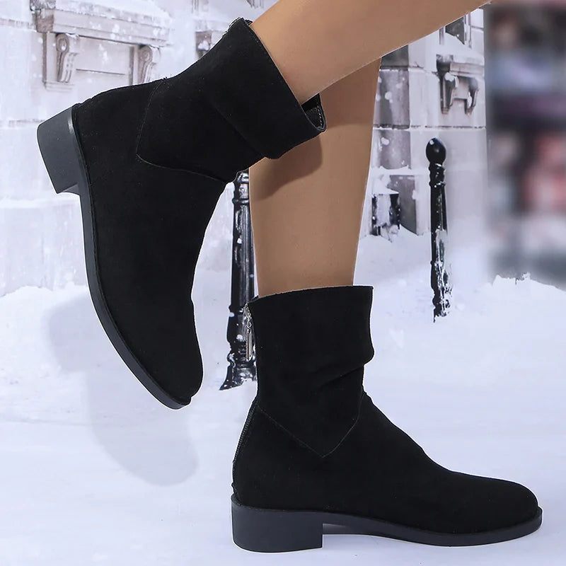 BXOXO Autumn Womens Solid Pleated Ankle Boots Fashion Faux Suede Square Heel Boots Ladies Round Toe Back Zipper Office Shoes Boats