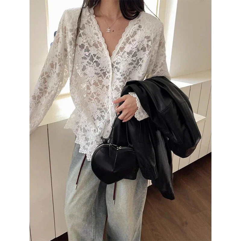 Bxoxo Y2K Lace Sheer Black Shirts Women Streetwear Sexy Hollow Out White Blouses Korean Aesthetic Long Sleeve Chic Sun Protection Tops