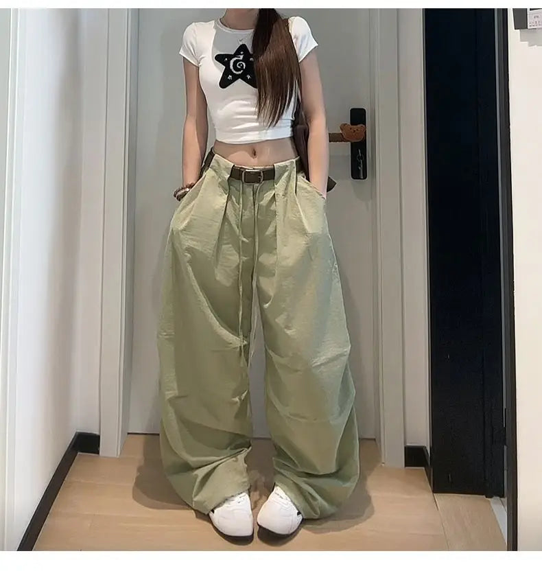 Bxoxo White Basic High Waist Wide Leg Women Pants Solid Color Korean Fashion Parachute Trousers Baggy Lace Up Youthful Summer