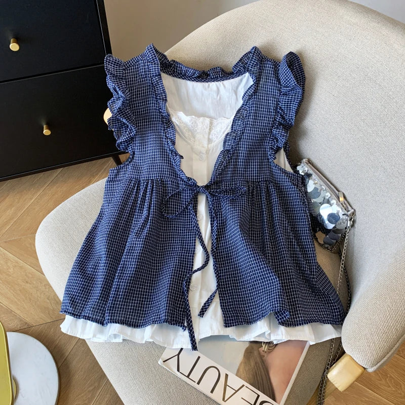 Bxoxo Blue Plaid irt-Like Two-Piece Women's Summer Thin Doll irt Beautiful Bow-Tie Fly Sve Sweet Sle Loose Fit Polyester F...
