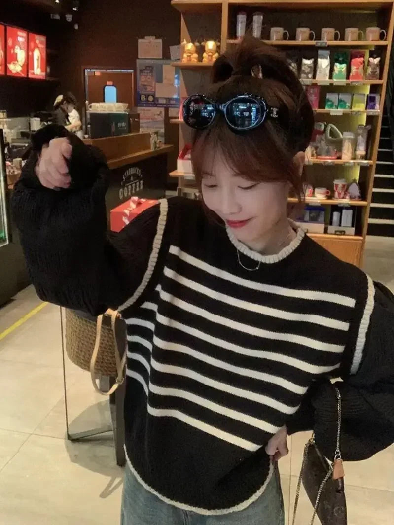 Bxoxo women Black and white striped fake two-piece knitted sweaters pring and autumn Korean soft glutinous pullover sweater female