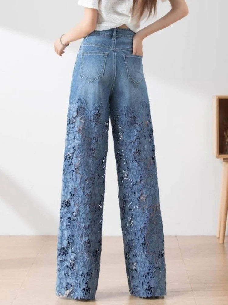 Fashion Elegant Jeans For Women High Waist Lace Patchwork Pantalones Hollow Out Denim Trousers Casual Loose All Match Pants 2024