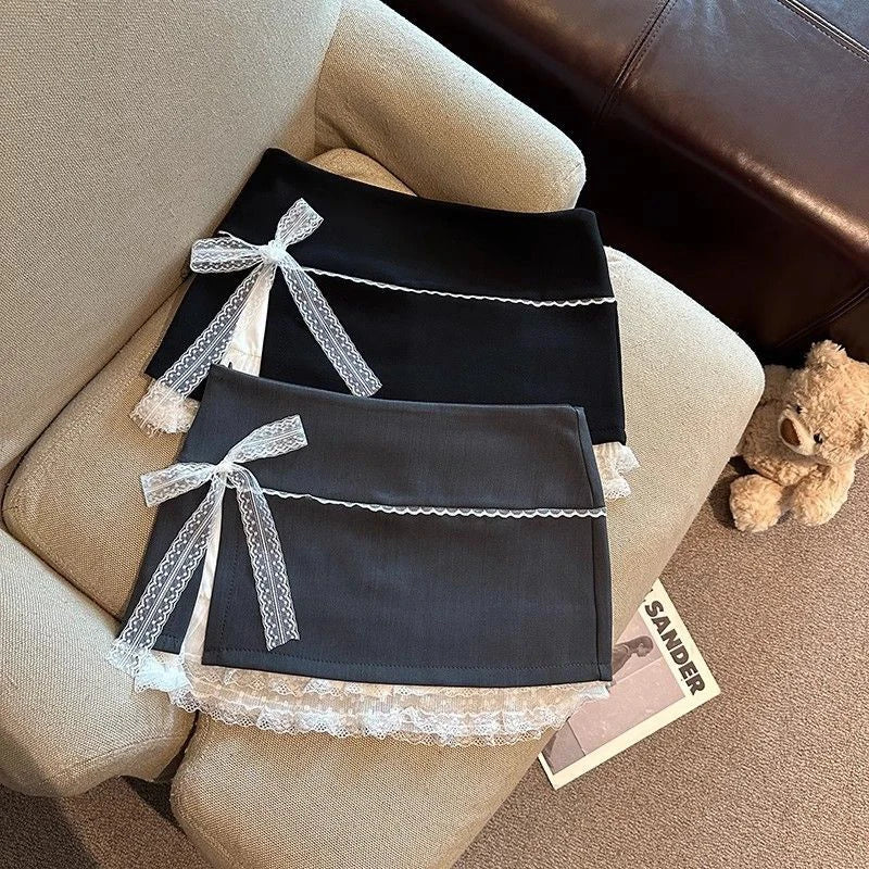 BXOXO Fashion Lace Spliced Women Suit Skirts Stylish Bow A-Line Mini Skirts Elegant Temperament High Waist Slimming Short Faldas New