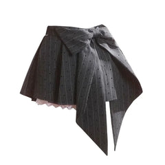 Bxoxo New Gray Pleated Y2k Mini Skirt Women Summer Lace Patchwork Bow Fashion Skirt Lolita Style Striped Dot Print Cutecore Skirt