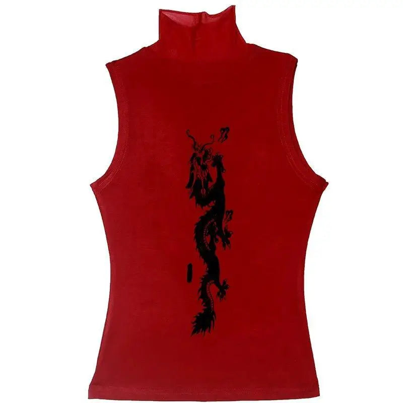 BXOXO Vintage Print Tops Women Sleeveless Slim American Retro Crop Tops Grunge Y2k Tank Tops Turtleneck Streetwear Tee Tops