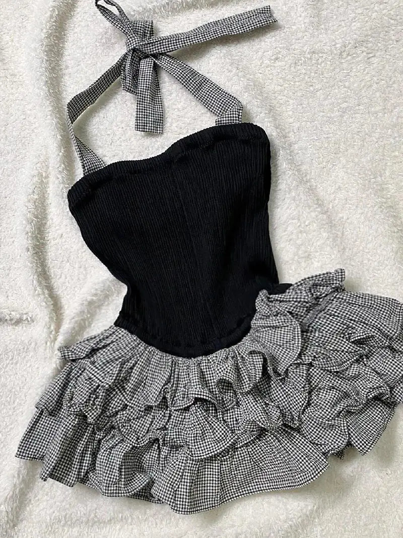 BXOXO New summer sexy style patterned halter neck suspender dress for women with waist slim and fluffy cake skirt