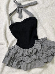 BXOXO New summer sexy style patterned halter neck suspender dress for women with waist slim and fluffy cake skirt