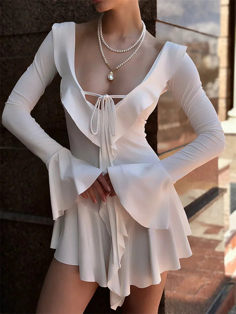 BXOXO Ruffled Lace-Up White Mini Dress Women's V-Neck Patchwork Long Sleeve Sexy Slim Dress Bandage Elegant Female Summer Dress