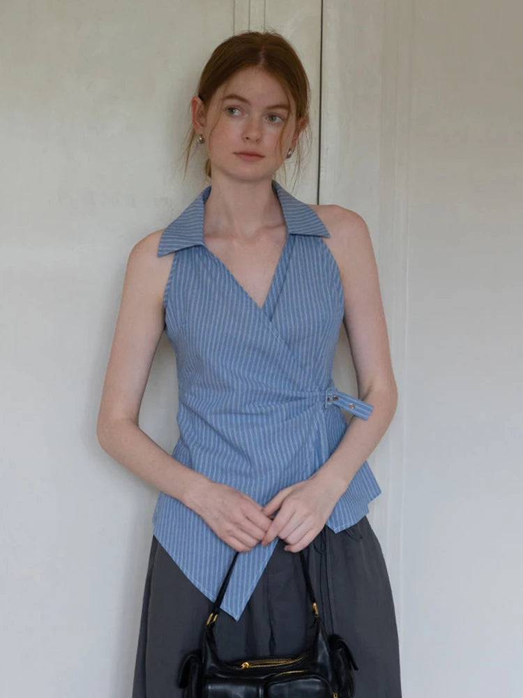 Bxoxo Sexy V Neck Slim Striped Tanks Women Vintage Sleeveless Irregular Tees American Retro Casual Summer Female Elegant New Tops