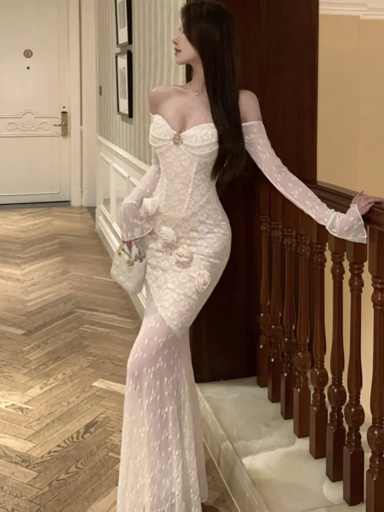 Bxoxo Sexy Bodycon Party Women's Dresses Elegant Slash Neck Lace Patchwork Off Shoulder Long Sleeves Evening Dress Vestidos Long Robe