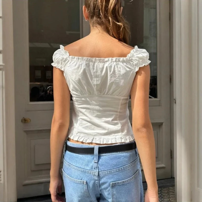 Bxoxo y2k Tank Top Women Summer Clothes Solid Color Cap Sleeve Button Down Slim Fit Frill T Shirt 2000s Vest Streetwear