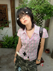 Bxoxo American Retro Plaid Shirt Women Short Sleeve Casual Shirt And Blouse Y2k Vintage Frill Blouse 2000s Japanese Shirts