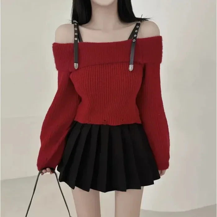 Bxoxo Strapless Sweaters Jumper Y2k Clothes Sexy Off Shoulder Vintage Red Pullover Tops Knitwear Autumn Loose Sueter Mujer 2025