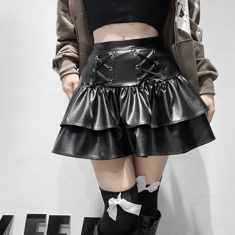 Bxoxo PU Leather Mini Skirts Punk Style High Waist Lace Up Bandage Black Pleated Skirt Streetwear Girls Dark Academia Clothes