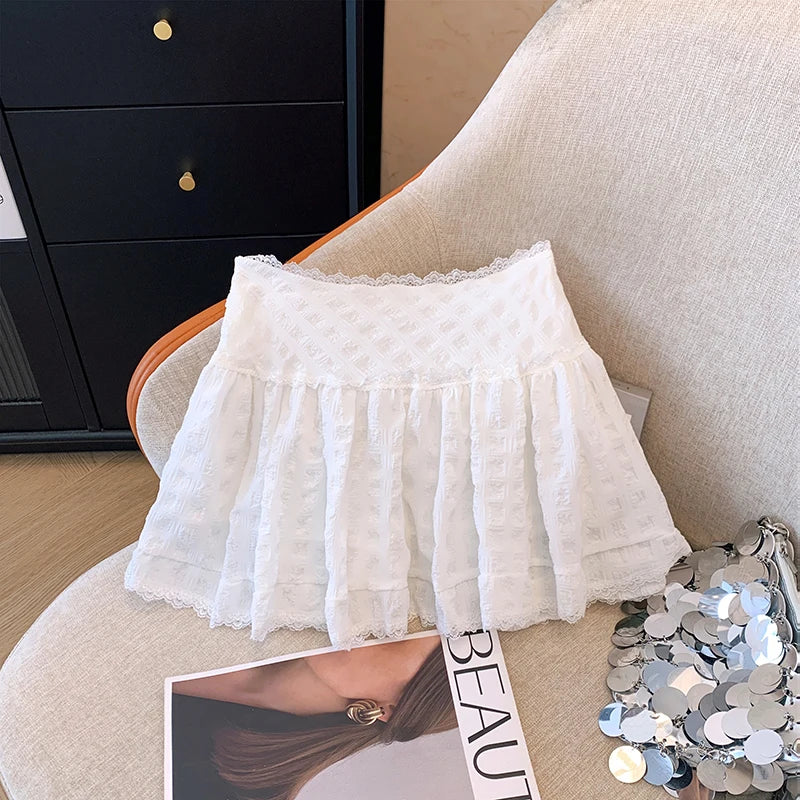 BXOXO Balletcore Ruffled Mini Skirt with Lace Trim Low Rise Tiered White Skirt Summer Women TeenGirl Y2K Goth Outfit