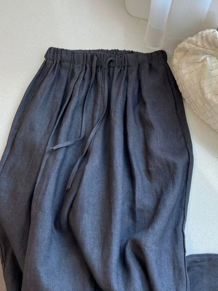 Bxoxo High Waisted Linen Wide Leg Pants for Summer Loose Comfort Breathable Floor Length Pants Leisure Simple Cotton and Linen Pants