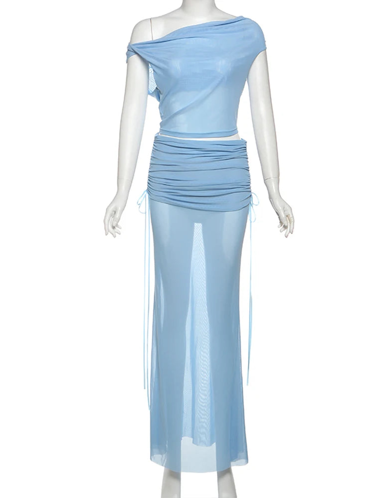 BXOXO Elegant Mesh See Through 2 Piece Set Women Skew Collar Backless Crop Tops+Ruched Ribbon Long Skirts Vacation Outfits