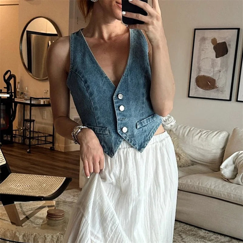 Bxoxo Denim Vest y2k Clothes Women Summer V Neck Button Front Sleeveless Tank Tops Jean Waistcoat 2000s Clothes Streetwear