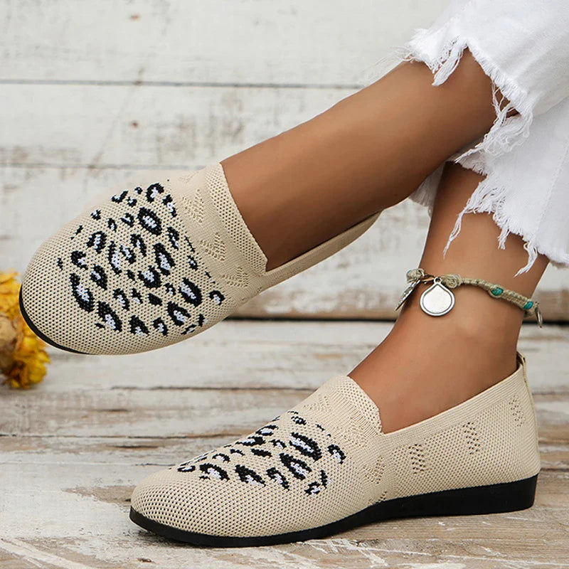 BXOXO Leopard Prints Knitted Loafers Women Breathable Mesh Shallow Flats Shoes Woman Lightweight Casual Slip-On Walking Shoes