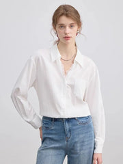 Bxoxo Lace Patchwork White Shirt Women Elegant Long Sleeve Vintage Blouse American Casual Autumn Female Sweet Pocket Retro Tops