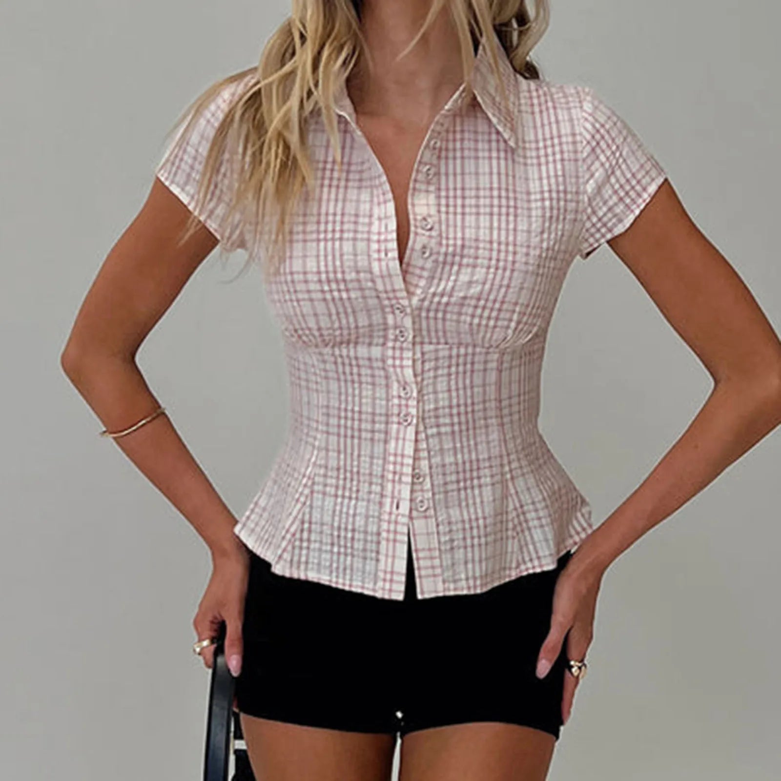 BXOXO Women's Y2K Short Sleeve Plaid Button Down Shirt Button Down Blouses Tops Casual Summer Shirt Tops 90s Streetwear