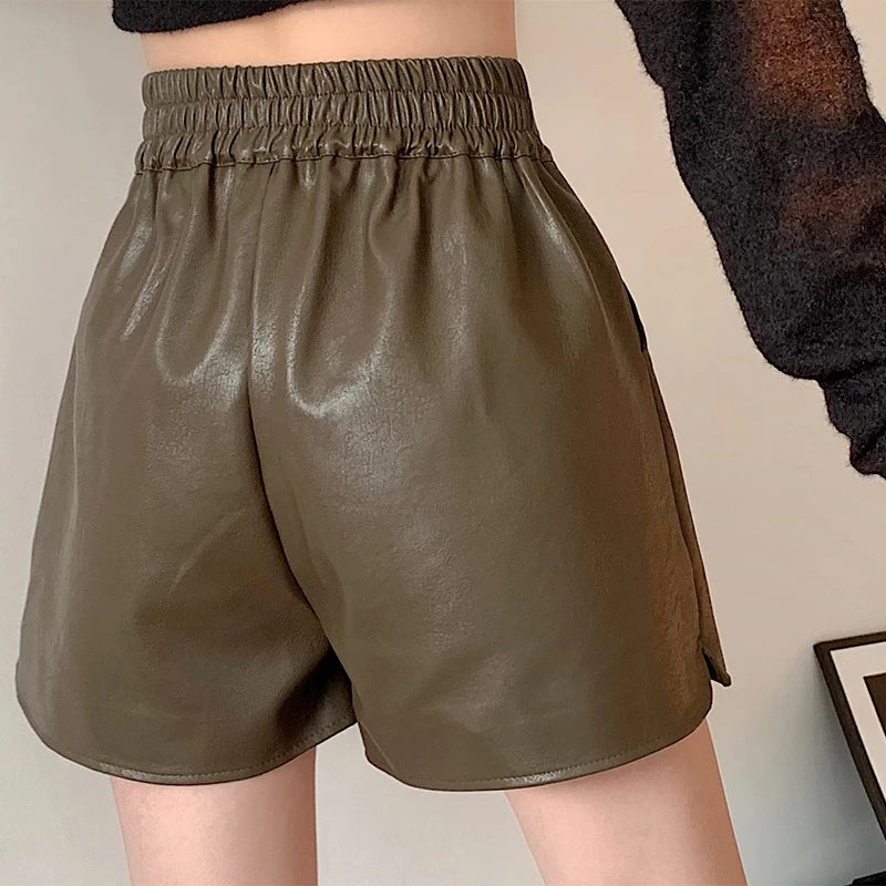 BXOXO Women PU Leather Zipper Shorts Buttons Casual High Waist A-line Shorts Chic Office Loose Trousers For Women Autumn Winter