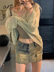Bxoxo Vintage Denim Mini Skirt Women Trashy Y2k 2000s Low Waist Sexy Star Rivet Distressed Slim Pencil Skirt Gyaru Streetwear