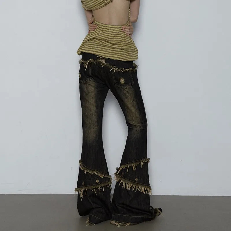 BXOXO Y2k Distressed Flared Jeans Japanese 2000s Style Black Jeans Vintage Gothic Punk High Waist Denim Pant Grunge Aesthetics