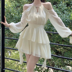 Bxoxo Elegant Chiffon Dresses for Women Fairycore Casual White Dress Sweet Korean Fashion Off Shoulder Summer Mini Dress Slim