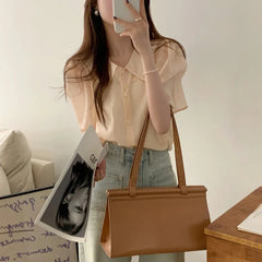 Bxoxo Chic Summer Versatile Simple Doll Collar Bubble Sve Single Button Loose ort Sve irt Women's Faion Casual Polyeste...
