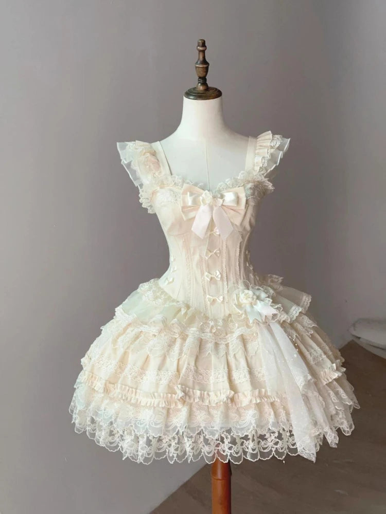 BXOXO Summer Sweet Style Elegant Woman Dress Lolita Y2k Design Lace Splice Bow Dress Fashion Bandage Retro Female Princess Party Dress