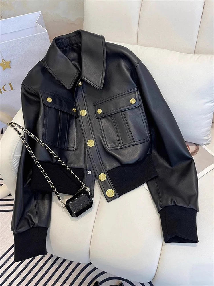 Bxoxo Black Pu Leather Crop Jacket for Women Y2K Fall Loose Streetwear Lapel Motorcycle Coats Korean Single Breasted All Match Outwear