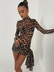 BXOXO Turtleneck Sexy Sheer Print Leopard Bandage Women Dress Long Sleeve Mini Dress Lady Spring Slim Elegant Party Club Dress