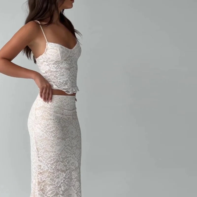 Bxoxo Sexy Lace V-neck Spaghetti Strap Tops and Bodycon Trumpet Long Skirt Y2K Summer Fashion Daily Outdoor Women 2 Piece Set