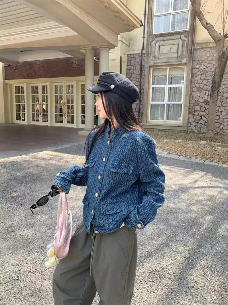 Bxoxo Vintage Stand Collar Denim Jacket Women Autumn Loose Streetwear Single Breasted Coats Y2K Korean Chic Long Sleeve Casual Outwear