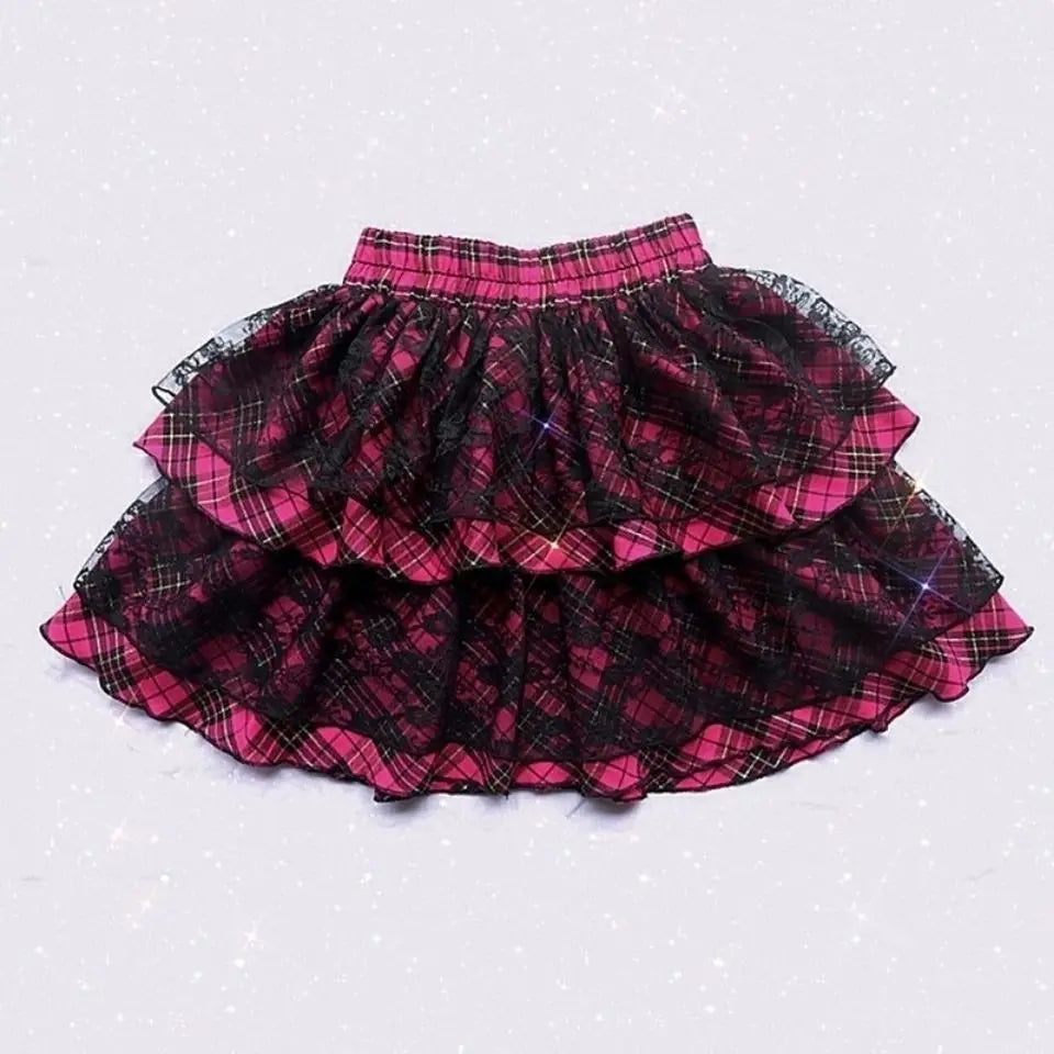 Harajuku Striped Print Y2K Cake Mini Skirt Gothic Japanese Style Lace Punk Ball Gown Kawaii Skirts School Casual Party Skater