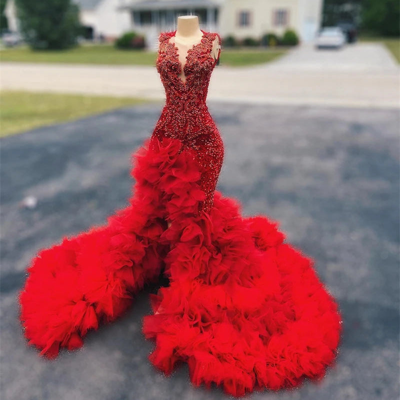 BXOXO Red Long Prom Dress For Black Girls Beaded Crystal Birthday Party Dresses Ruffles Evening Gown Mermaid High Slit Customized