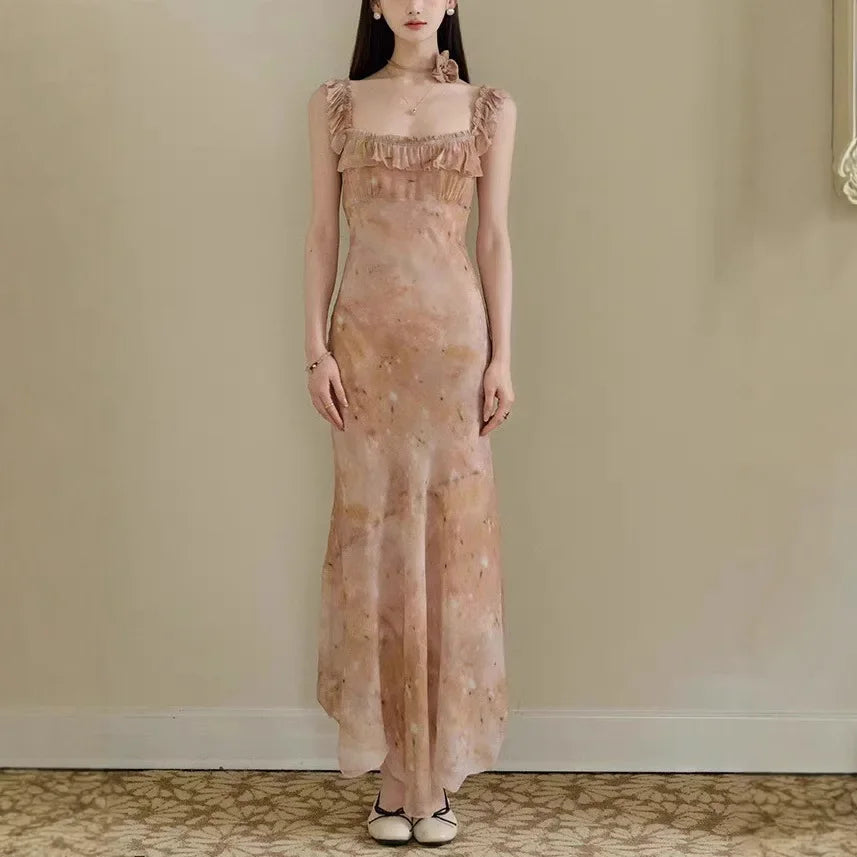 Bxoxo Mid-Summer High-Definition Printed Maxi Dress Sleeveless Polo Collar Empire Waist A- Line Gown for Women Chinese Brand