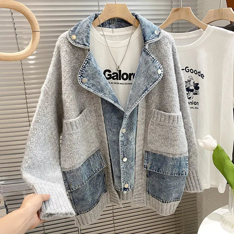 BXOXO New Autumn Winter Women Splicing Denim Jacket Women Long Sleeve Jean Jackets Female Loose Sweater Cardigan Jacket