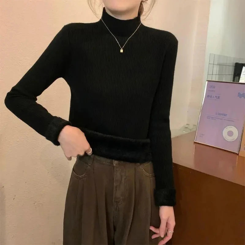 Bxoxo Half Turtleneck Knit Sweaters Women Autumn Thick Warm Slim Basic Solid Jumper Female Soft Plush Long Sleeve All Match Pullover