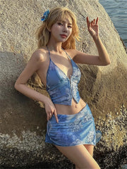 BXOXO Sexy 2 Piece Set Women Art Print Halter v-Neck Backless Sleeveless Tops+Short Tassel Bottoms Beach Party Matching Suits