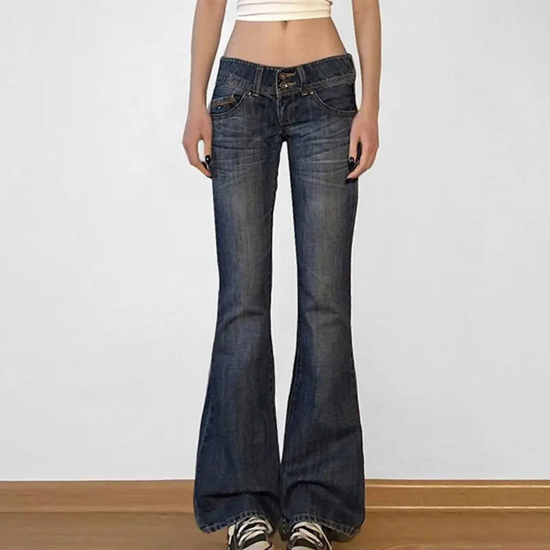 Bxoxo Vintage Washed Basic Flared Jeans Women Low Waist American Style Slim Denim Pants Button-up Trousers Casual Aesthetic